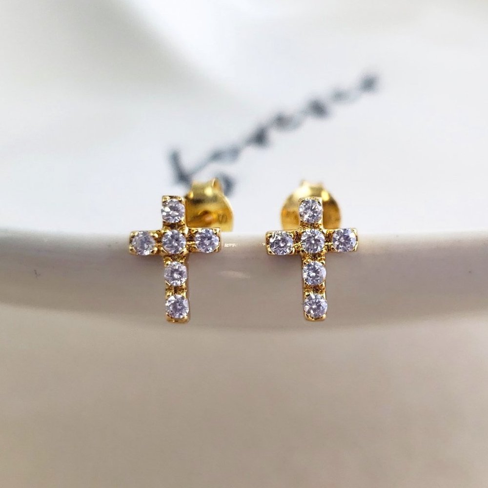 18K Yellow Gold Plated Sterling Silver Cross Earrings